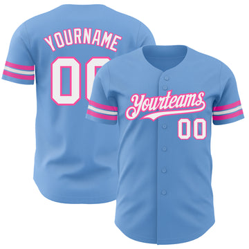 Custom Light Blue White-Pink Authentic Baseball Jersey