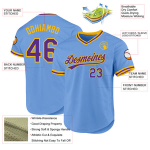 Custom Light Blue Purple-Gold Authentic Throwback Baseball Jersey