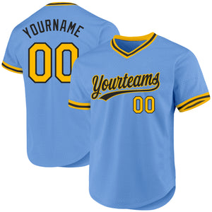 Custom Light Blue Gold-Black Authentic Throwback Baseball Jersey