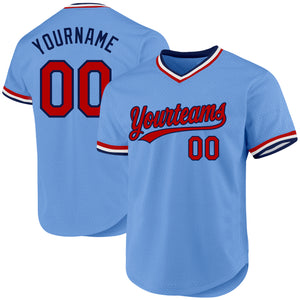 Custom Light Blue Red-Navy Authentic Throwback Baseball Jersey