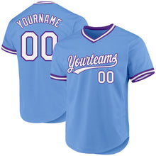 Load image into Gallery viewer, Custom Light Blue White-Purple Authentic Throwback Baseball Jersey
