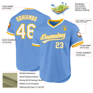 Custom Light Blue White-Gold Authentic Throwback Baseball Jersey