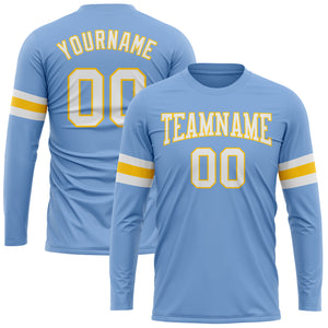 Custom Light Blue White-Gold Long Sleeve Performance T-Shirt