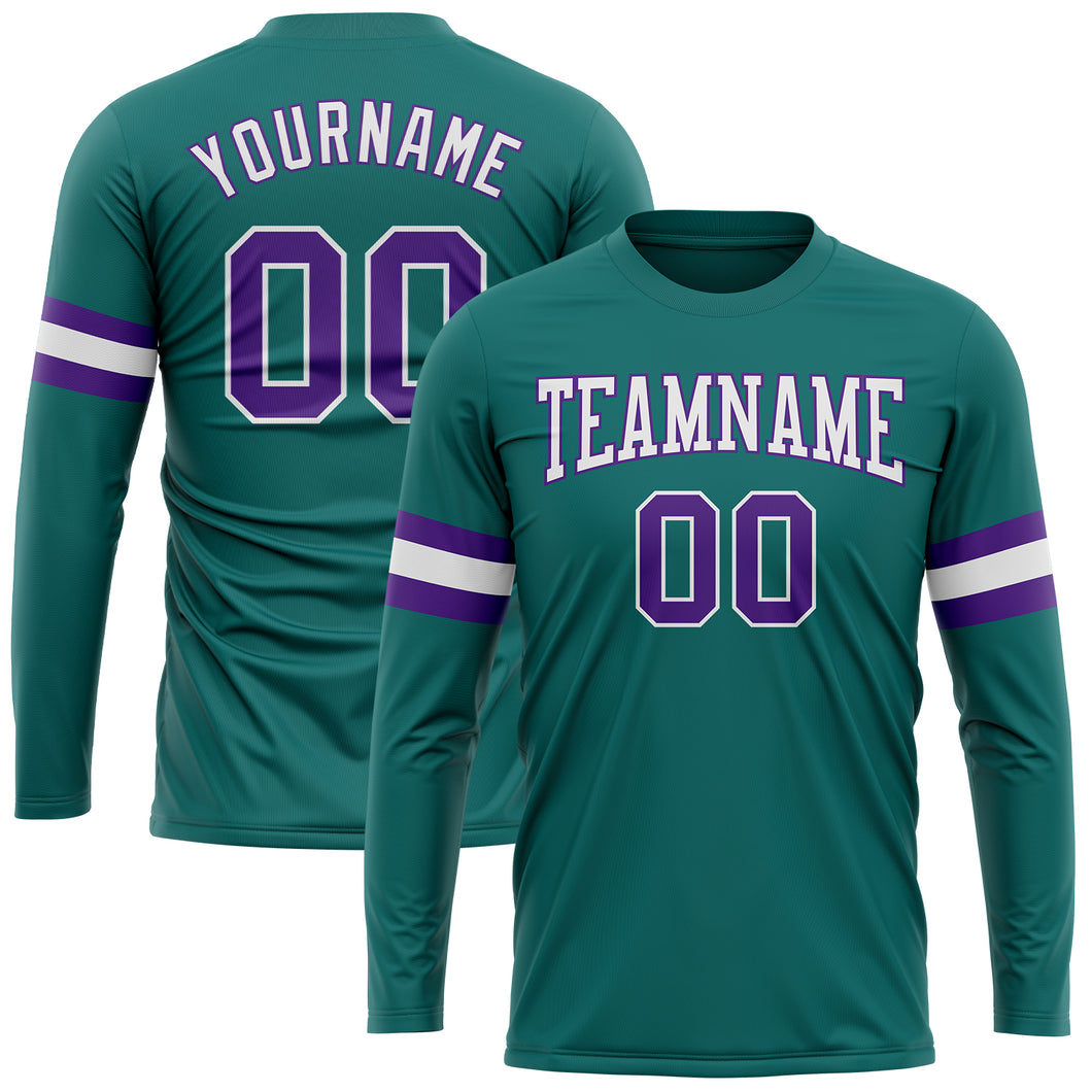 Custom Aqua Purple-White Long Sleeve Performance T-Shirt