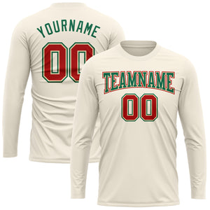 Custom Cream Red-Kelly Green Long Sleeve Performance T-Shirt