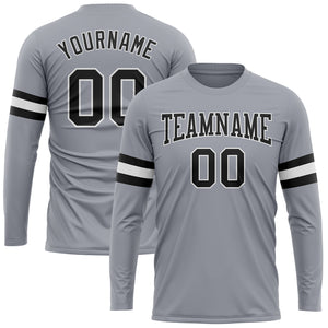 Custom Gray Black-White Long Sleeve Performance T-Shirt