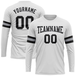 Custom White Black-Gray Long Sleeve Performance T-Shirt