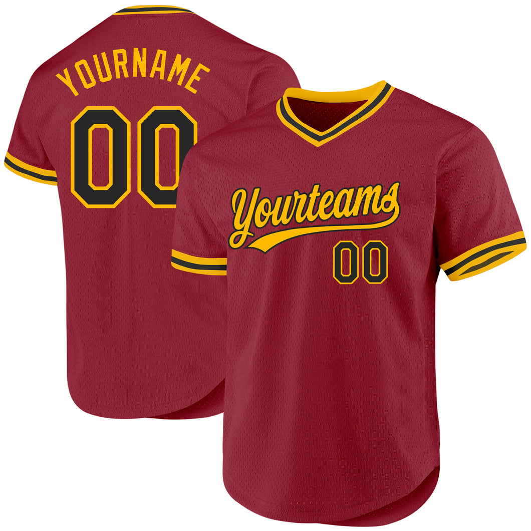 Custom Maroon Black-Gold Authentic Throwback Baseball Jersey