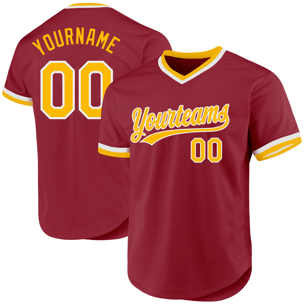 Custom Maroon Gold-White Authentic Throwback Baseball Jersey