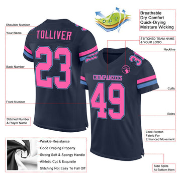 Custom Navy Pink-Light Blue Mesh Authentic Football Jersey