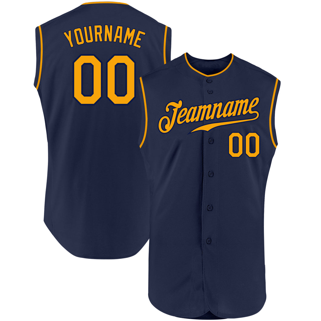 Custom Navy Gold Authentic Sleeveless Baseball Jersey