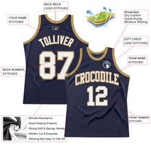 Load image into Gallery viewer, Custom Navy White-Old Gold Authentic Throwback Basketball Jersey
