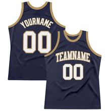 Load image into Gallery viewer, Custom Navy White-Old Gold Authentic Throwback Basketball Jersey
