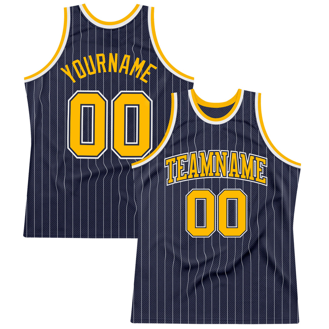 Custom Navy White Pinstripe Gold Authentic Basketball Jersey