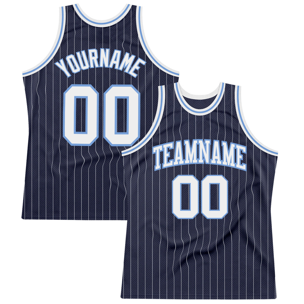 Custom Navy White Pinstripe White-Light Blue Authentic Basketball Jersey