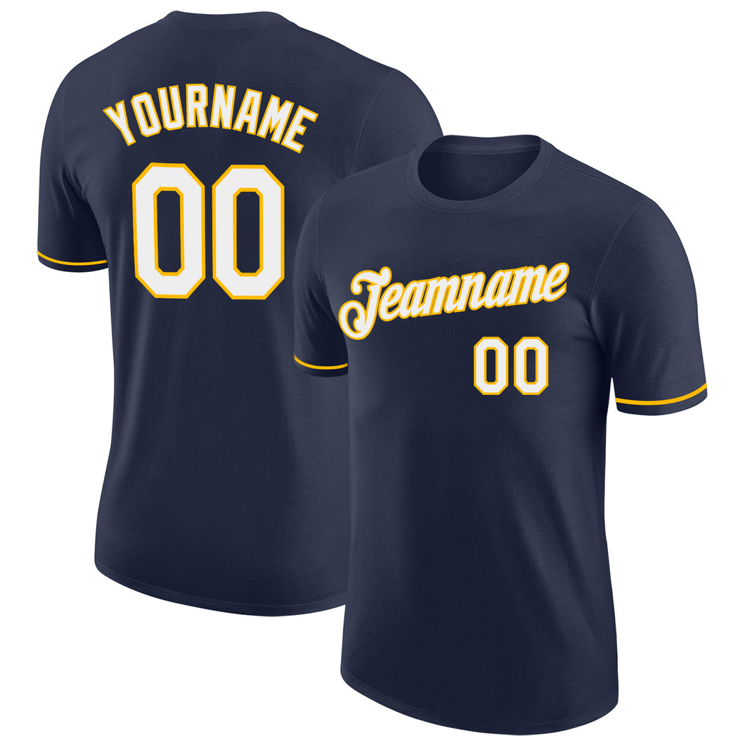 Custom Navy White-Gold Performance T-Shirt