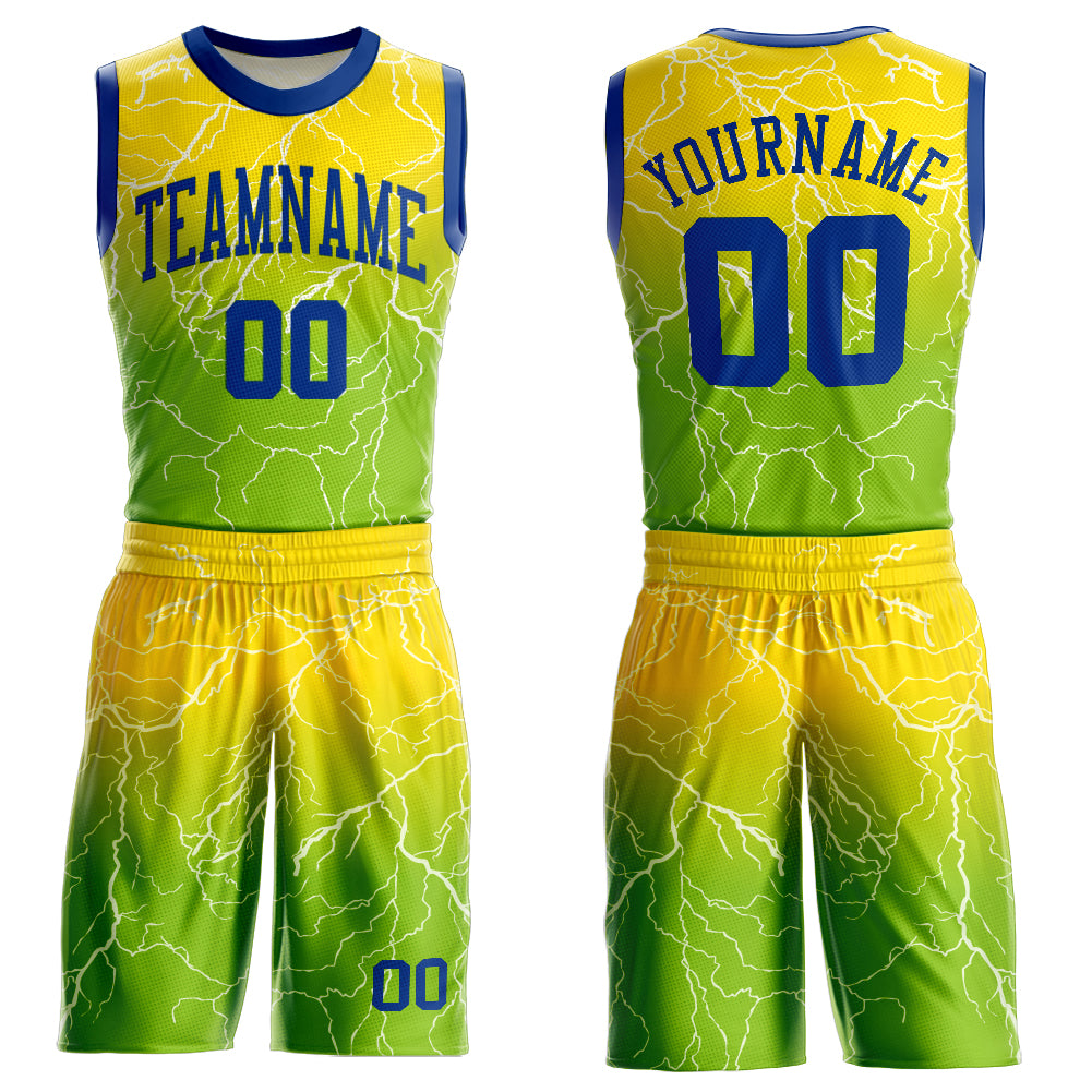 Custom Neon Green Royal Gold Round Neck Sublimation Basketball Suit Jersey