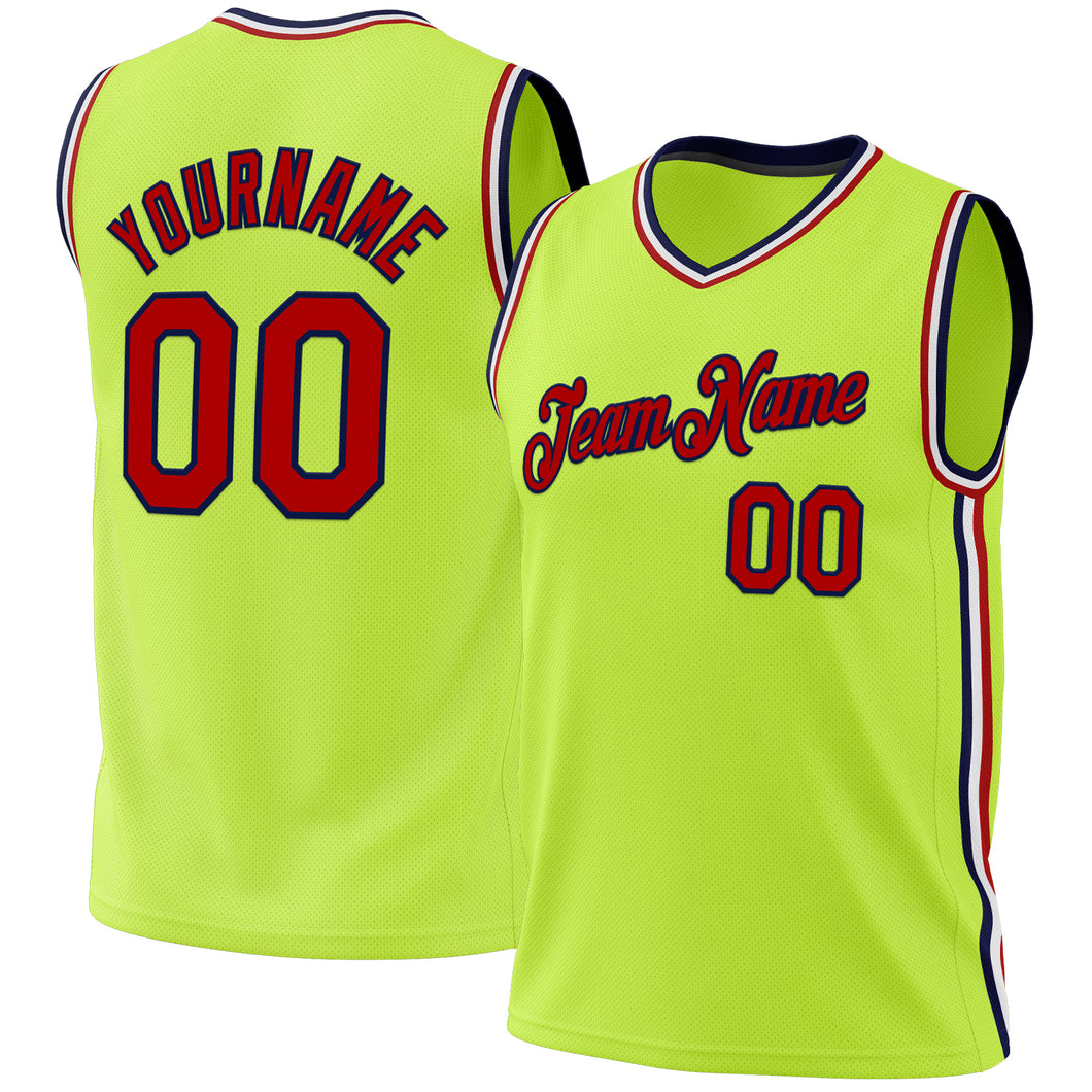 Custom Neon Green Red-Navy Authentic Throwback Basketball Jersey