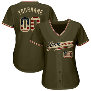 Custom Olive Vintage USA Flag-City Cream Authentic Salute To Service Baseball Jersey