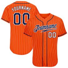 Load image into Gallery viewer, Custom Orange White Pinstripe Navy-White Authentic Baseball Jersey
