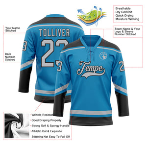 Custom Panther Blue Gray-Black Hockey Lace Neck Jersey