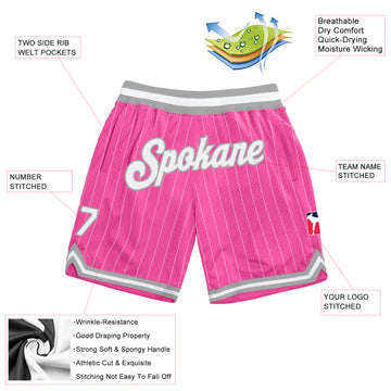 Custom Pink White Pinstripe White-Gray Authentic Basketball Shorts