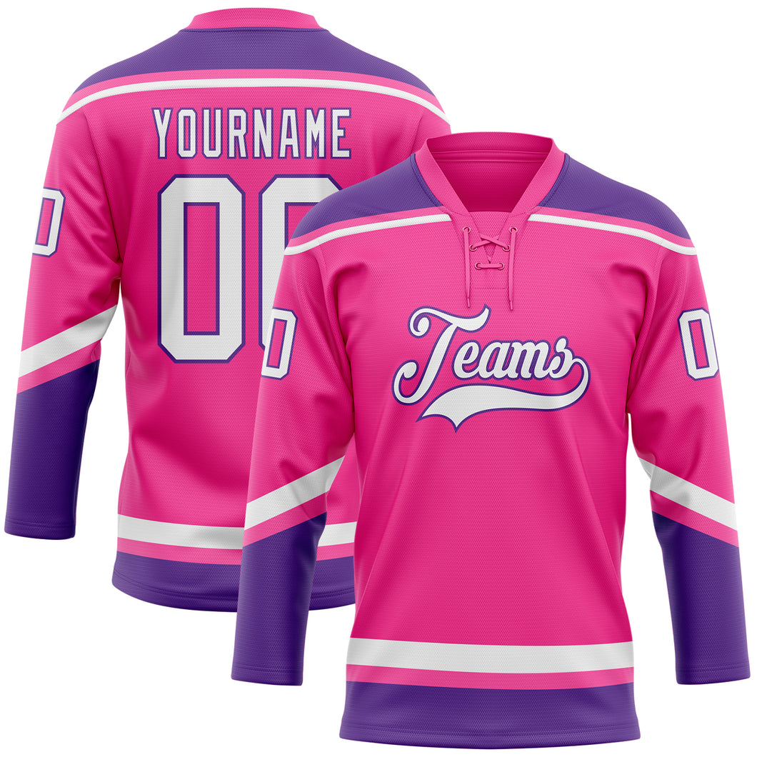 Custom Pink White-Purple Hockey Lace Neck Jersey