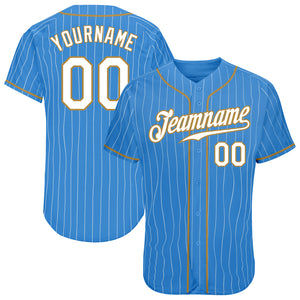 Custom Powder Blue White Pinstripe White-Old Gold Authentic Baseball Jersey