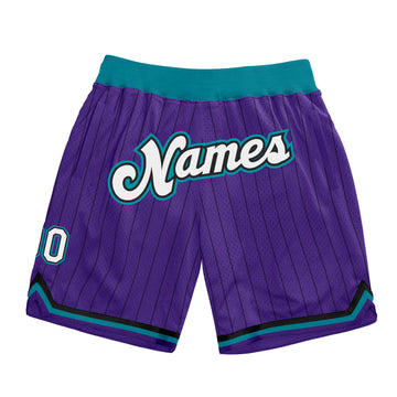 Custom Purple Black Pinstripe White-Teal Authentic Basketball Shorts