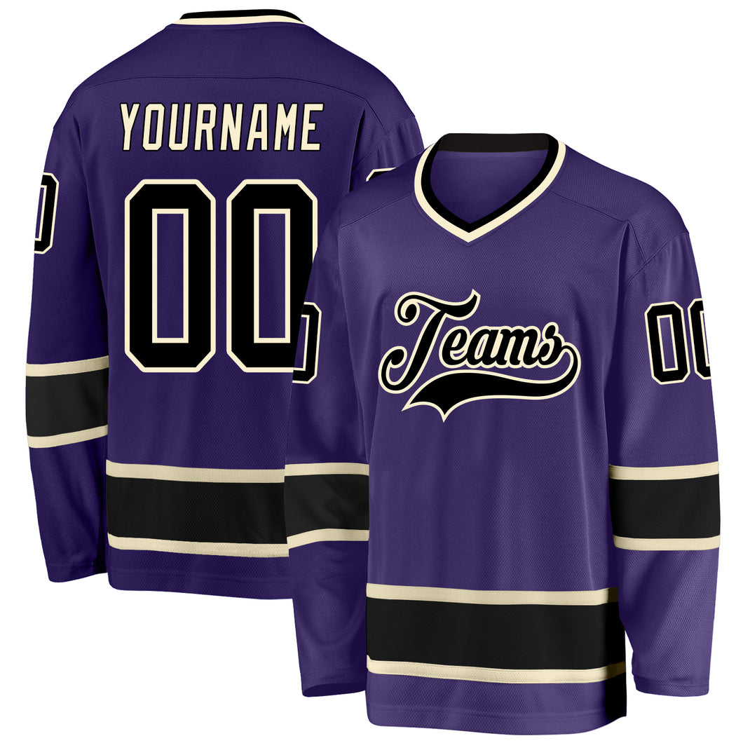 Custom Purple Black-Cream Hockey Jersey