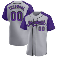 Load image into Gallery viewer, Custom Gray Purple-Black Authentic Raglan Sleeves Baseball Jersey
