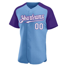 Load image into Gallery viewer, Custom Light Blue White-Purple Authentic Raglan Sleeves Baseball Jersey
