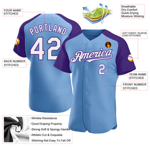 Custom Light Blue White-Purple Authentic Raglan Sleeves Baseball Jersey