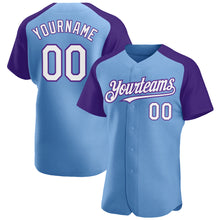 Load image into Gallery viewer, Custom Light Blue White-Purple Authentic Raglan Sleeves Baseball Jersey
