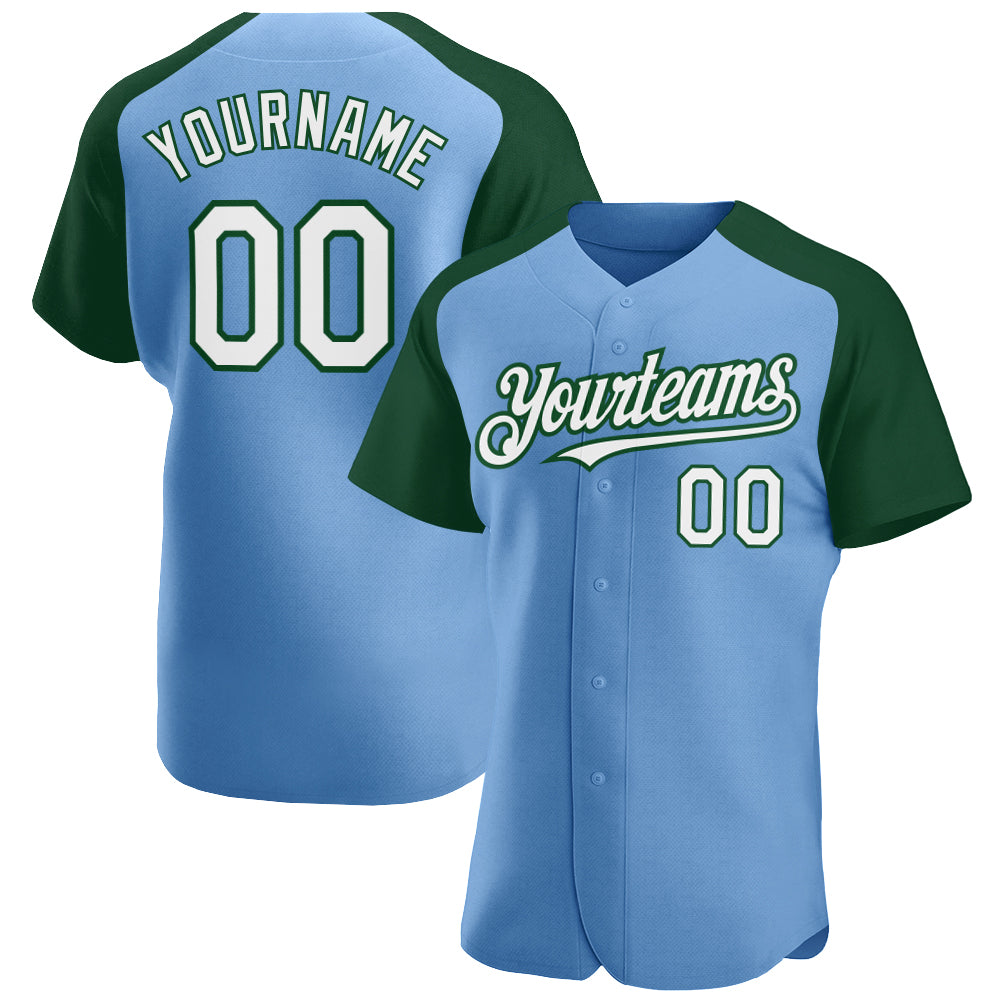 Custom Light Blue White-Green Authentic Raglan Sleeves Baseball Jersey