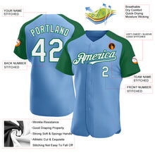 Load image into Gallery viewer, Custom Light Blue White-Kelly Green Authentic Raglan Sleeves Baseball Jersey
