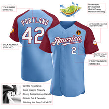 Load image into Gallery viewer, Custom Light Blue White-Crimson Authentic Raglan Sleeves Baseball Jersey
