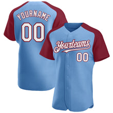 Load image into Gallery viewer, Custom Light Blue White-Crimson Authentic Raglan Sleeves Baseball Jersey
