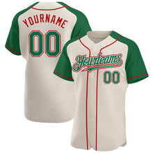 Load image into Gallery viewer, Custom Cream Kelly Green-Red Authentic Raglan Sleeves Baseball Jersey
