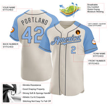 Load image into Gallery viewer, Custom Cream Light Blue-Steel Gray Authentic Raglan Sleeves Baseball Jersey
