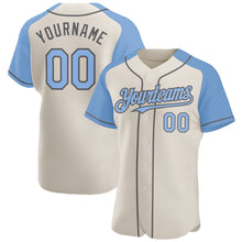 Load image into Gallery viewer, Custom Cream Light Blue-Steel Gray Authentic Raglan Sleeves Baseball Jersey
