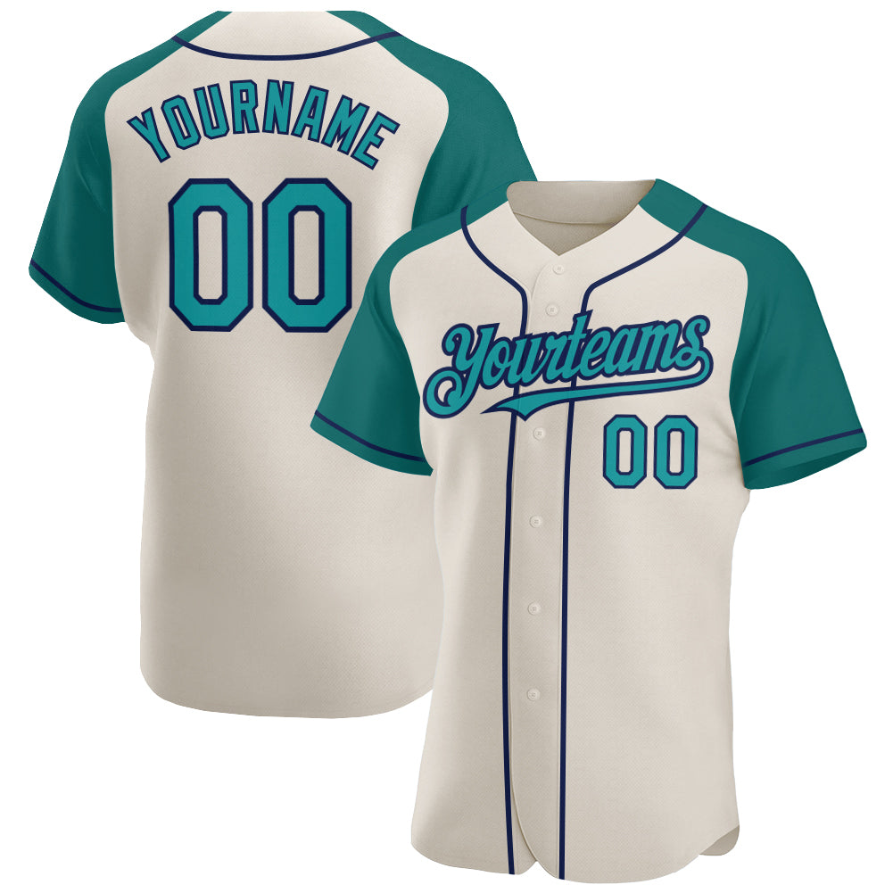 Custom Cream Teal-Navy Authentic Raglan Sleeves Baseball Jersey