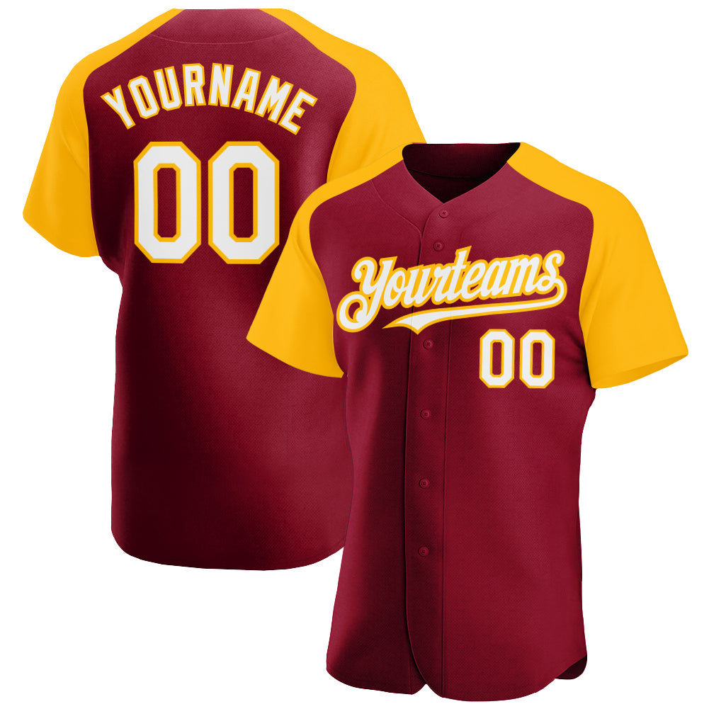 Custom Crimson White-Gold Authentic Raglan Sleeves Baseball Jersey