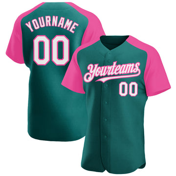 Custom White Light Blue Pinstripe Light Blue-Pink Authentic Raglan Sleeves  Baseball Jersey