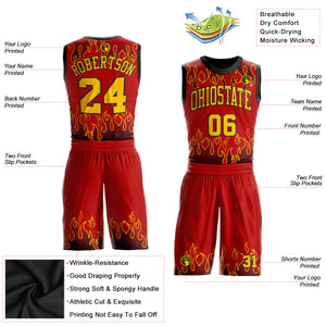 Custom Red Gold-Black Flame Round Neck Sublimation Basketball Suit Jersey