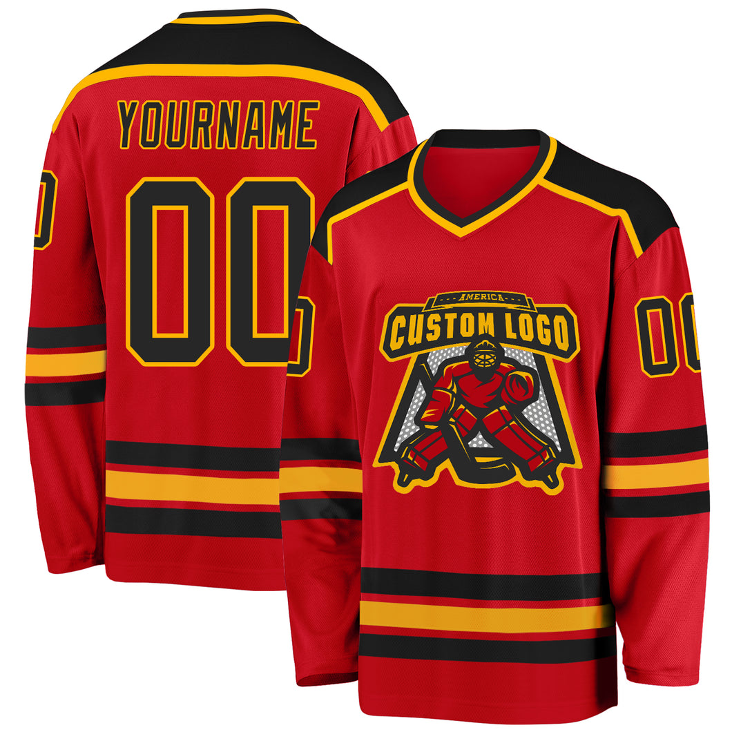 Custom Red Black-Gold Hockey Jersey