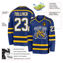 Load image into Gallery viewer, Custom Royal White Navy-Gold Hockey Jersey
