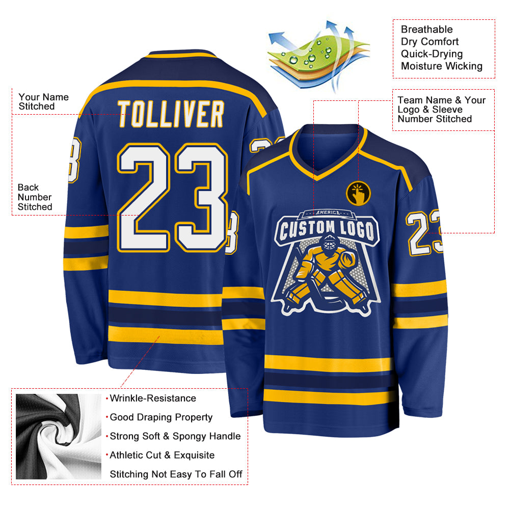 Custom Royal White Navy-Gold Hockey Jersey Sale– Fcustom