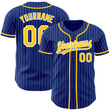 Load image into Gallery viewer, Custom Royal White Pinstripe Gold Authentic Baseball Jersey
