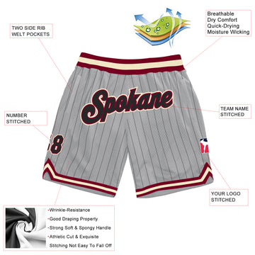 Custom Gray Black Pinstripe Black-Maroon Authentic Basketball Shorts